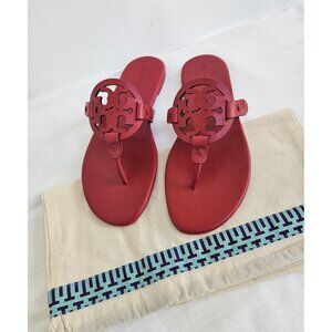 TORY BURCH sz 7.5 Torry Red Soft Calf Leather Miller Flat Sandals NIB + Dust Bag